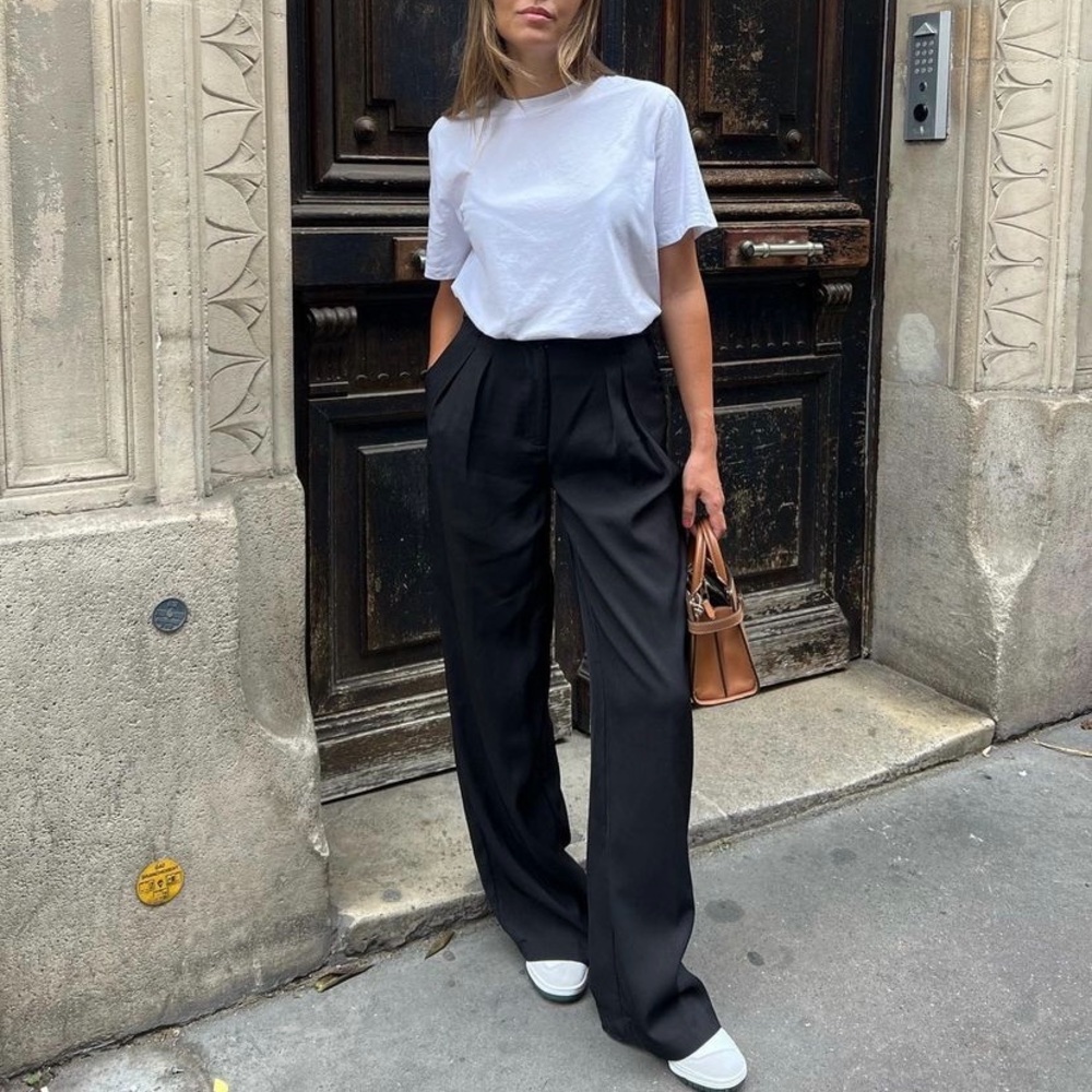 Zara pleated wool wide leg trouser pants black